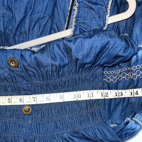 Lapis Anthropologie Tiered Smocked Denim Maxi Peasant Prairie Boho Dress Sz M - Picture 14 of 15